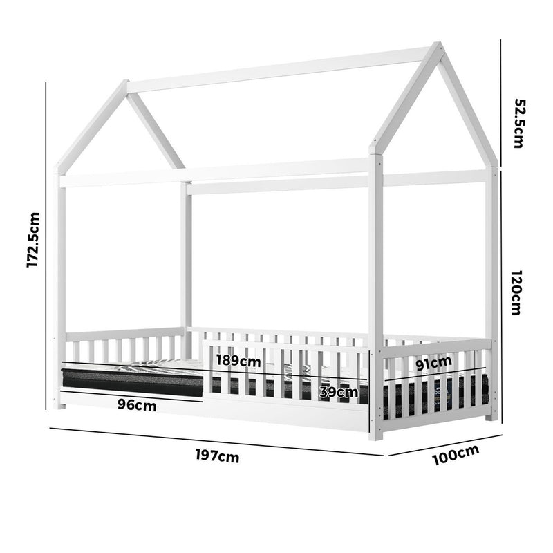 Oikiture Kids Bed Frame With Single Mattress House Frame White