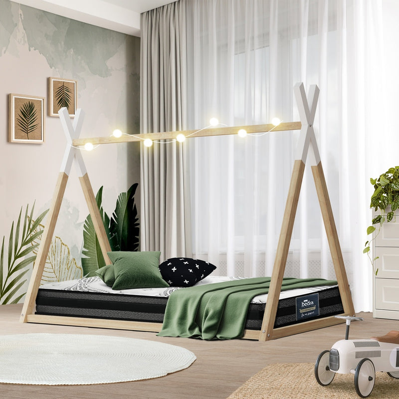 Oikiture Kids Bed Frame With Single Mattress Set Teepee House Style