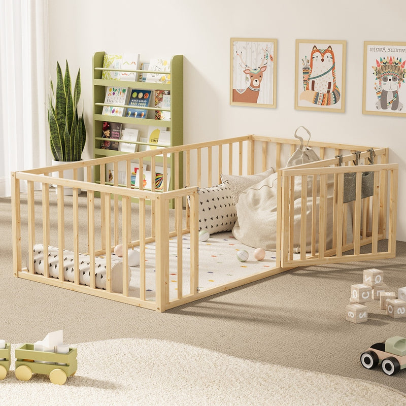 Oikiture 2-in-1 Kids Bed Frame Single Toddler Play Guard Fence Wood