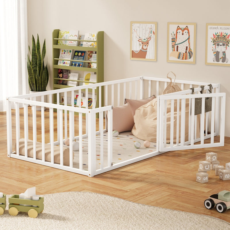 Oikiture 2-in-1 Kids Bed Frame Toddler Play Centre Guard Fence White