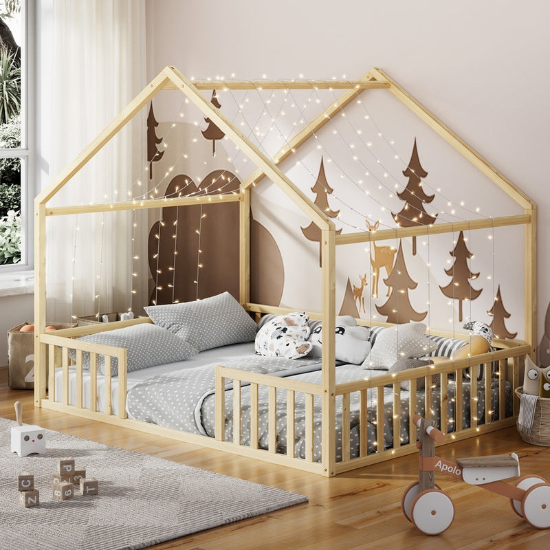 Oikiture Double House Beds Kids Wooden Bed Frame Timber Base Natural