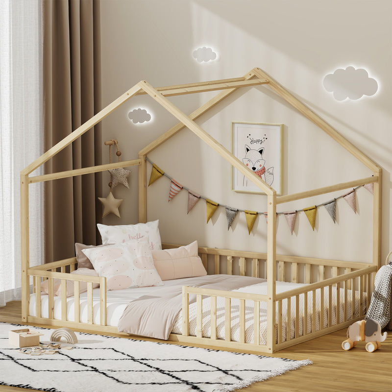 Oikiture Double House Beds Kids Wooden Bed Frame Timber Base Natural
