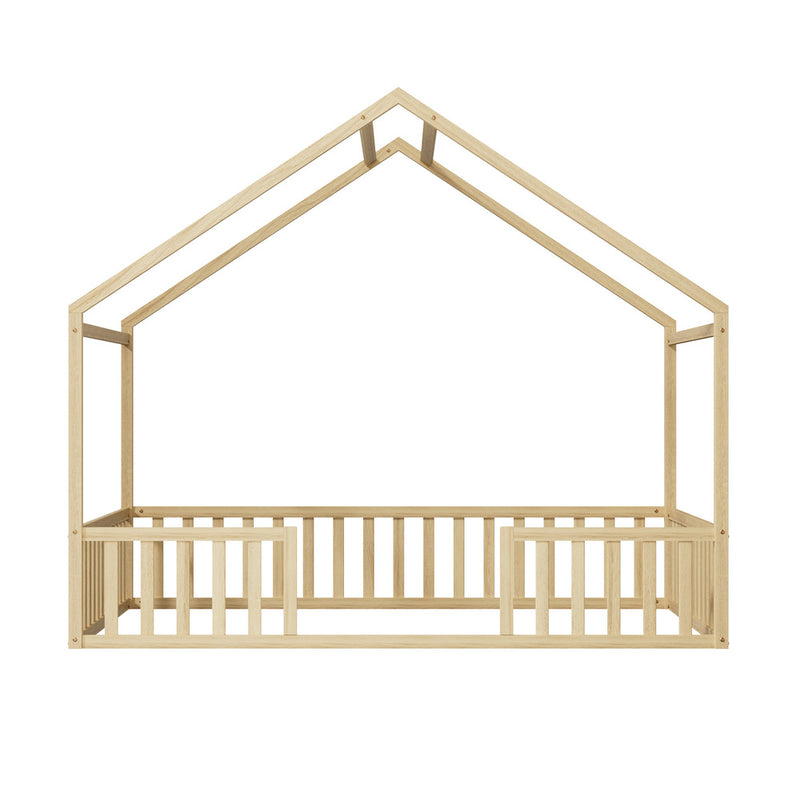 Oikiture Double House Beds Kids Wooden Bed Frame Timber Base Natural