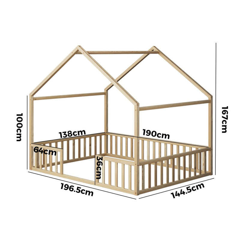 Oikiture Double House Beds Kids Wooden Bed Frame Timber Base Natural
