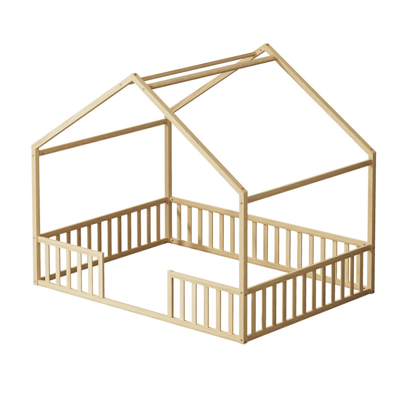 Oikiture Double House Beds Kids Wooden Bed Frame Timber Base Natural