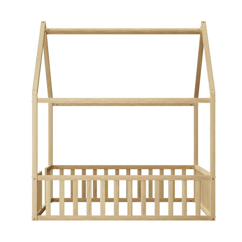 Oikiture Double House Beds Kids Wooden Bed Frame Timber Base Natural