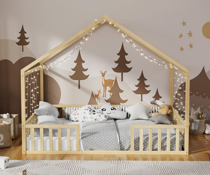 Oikiture Double House Beds Kids Wooden Bed Frame Timber Base Natural