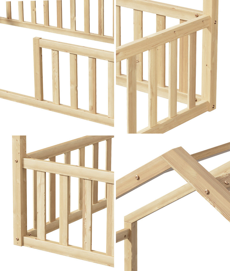 Oikiture Double House Beds Kids Wooden Bed Frame Timber Base Natural