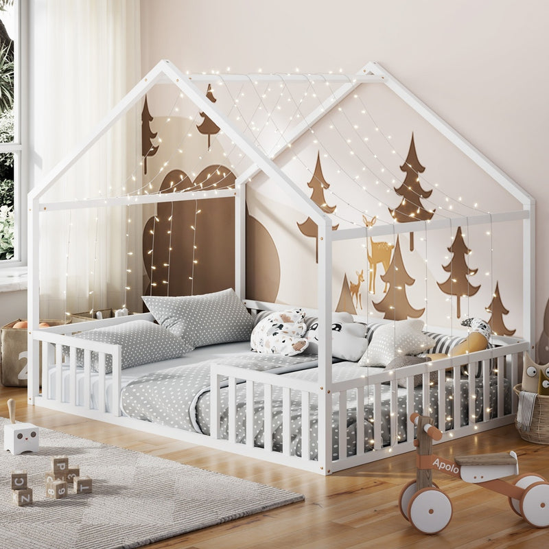 Oikiture Double House Beds Kids Wooden Bed Frame Timber Base White