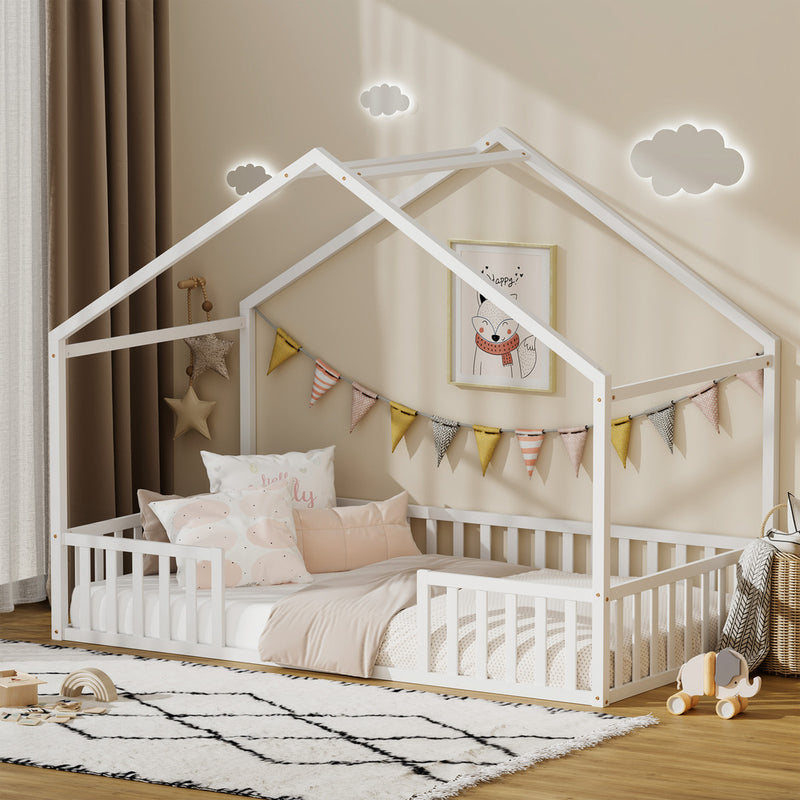 Oikiture Double House Beds Kids Wooden Bed Frame Timber Base White