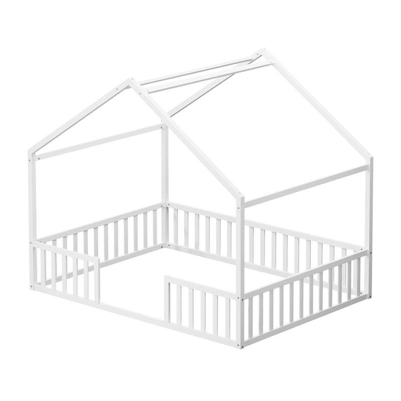 Oikiture Double House Beds Kids Wooden Bed Frame Timber Base White