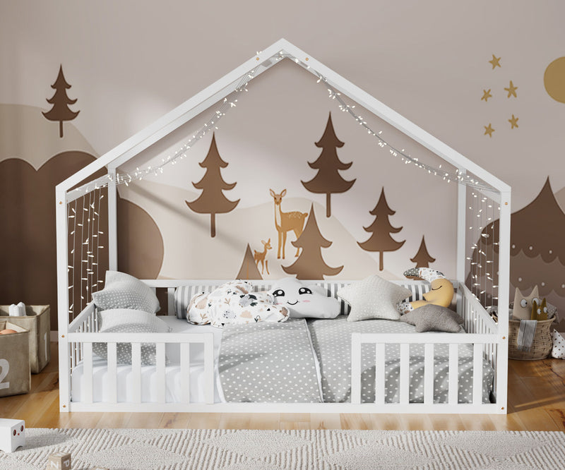 Oikiture Double House Beds Kids Wooden Bed Frame Timber Base White