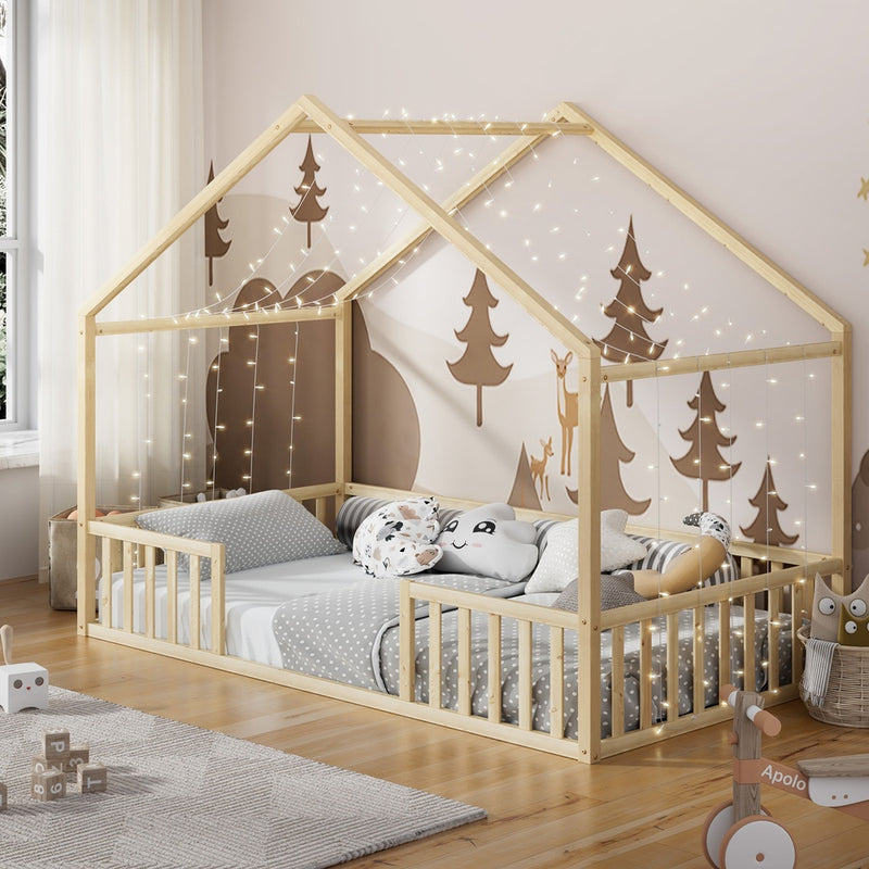 Oikiture Wooden Kids Bed Frame King Single House Beds Timber Natural