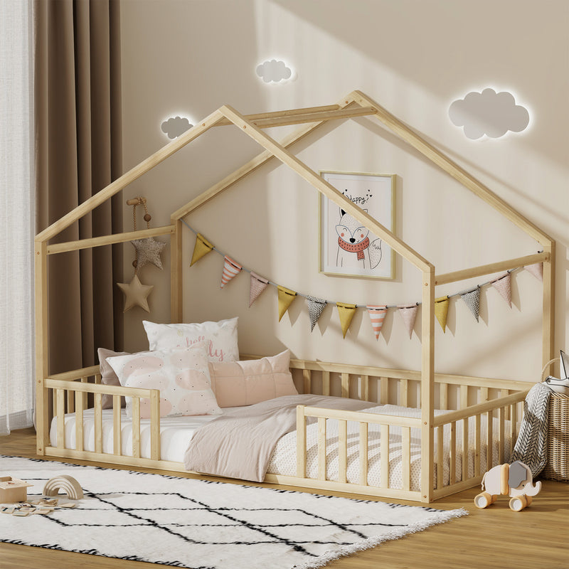 Oikiture Wooden Kids Bed Frame King Single House Beds Timber Natural