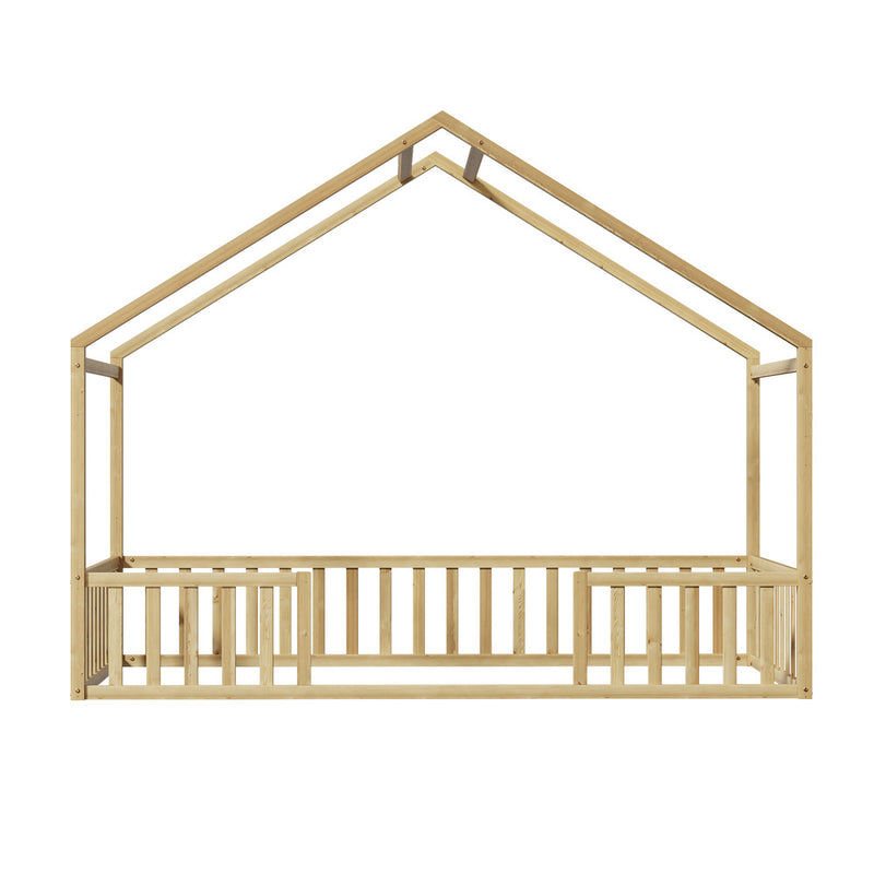 Oikiture Wooden Kids Bed Frame King Single House Beds Timber Natural