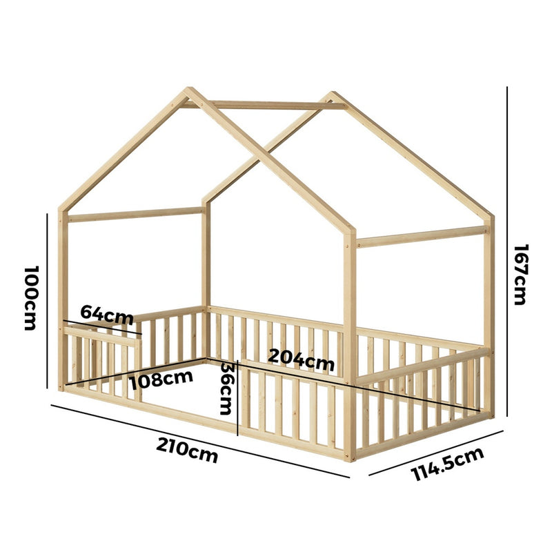 Oikiture Wooden Kids Bed Frame King Single House Beds Timber Natural