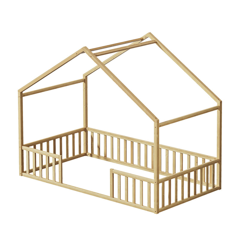 Oikiture Wooden Kids Bed Frame King Single House Beds Timber Natural