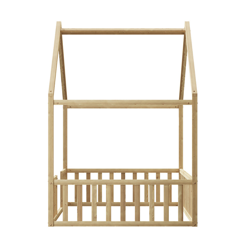 Oikiture Wooden Kids Bed Frame King Single House Beds Timber Natural