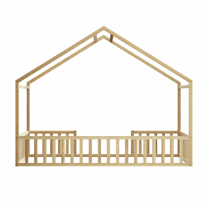 Oikiture Wooden Kids Bed Frame King Single House Beds Timber Natural