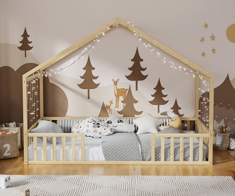 Oikiture Wooden Kids Bed Frame King Single House Beds Timber Natural