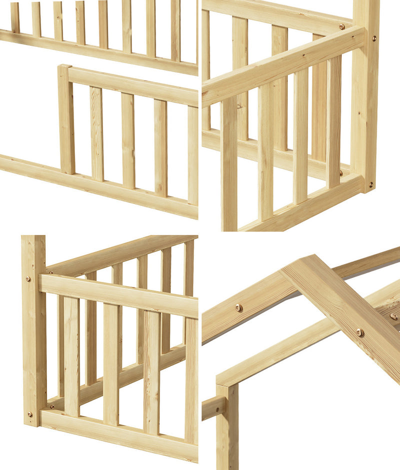 Oikiture Wooden Kids Bed Frame King Single House Beds Timber Natural