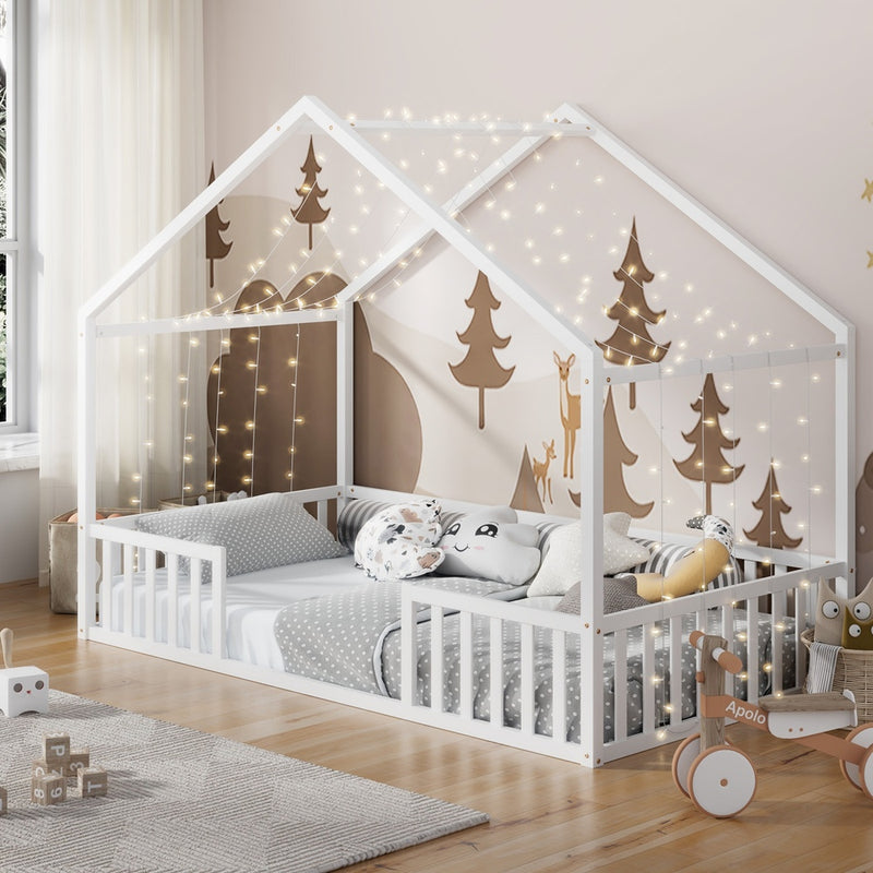 Oikiture Wooden Kids Bed Frame King Single House Beds Timber White