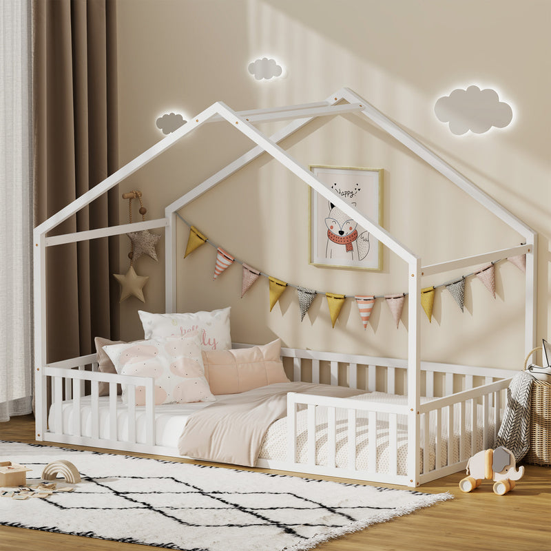 Oikiture Wooden Kids Bed Frame King Single House Beds Timber White