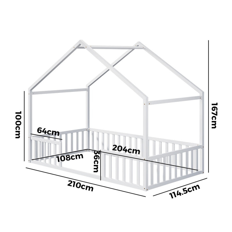 Oikiture Wooden Kids Bed Frame King Single House Beds Timber White