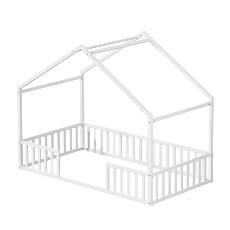 Oikiture Wooden Kids Bed Frame King Single House Beds Timber White