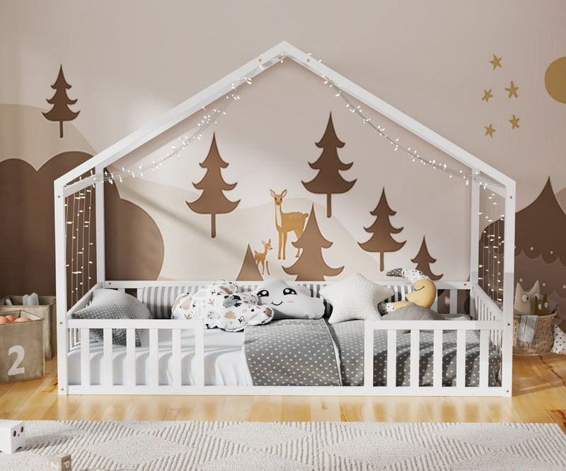 Oikiture Wooden Kids Bed Frame King Single House Beds Timber White