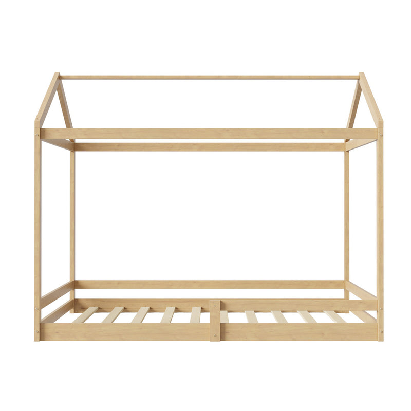 Oikiture Double Kids Wooden Bed Frame House Beds with Fence Natural