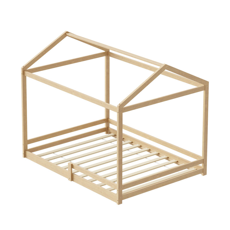 Oikiture Double Kids Wooden Bed Frame House Beds with Fence Natural