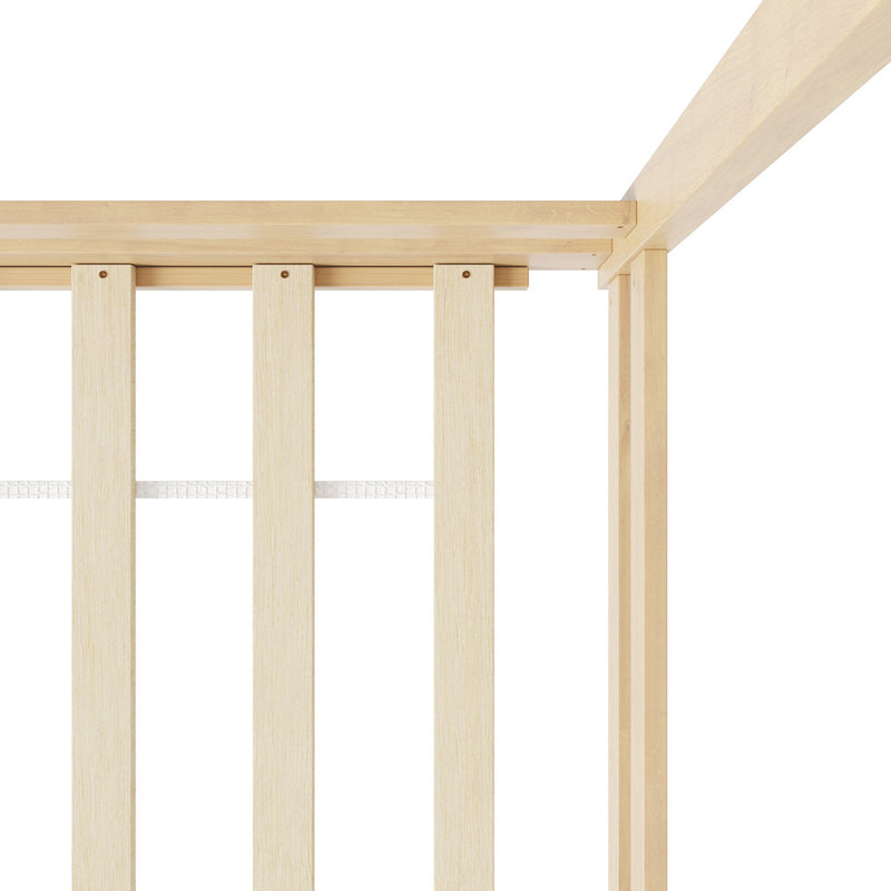 Oikiture Double Kids Wooden Bed Frame House Beds with Fence Natural