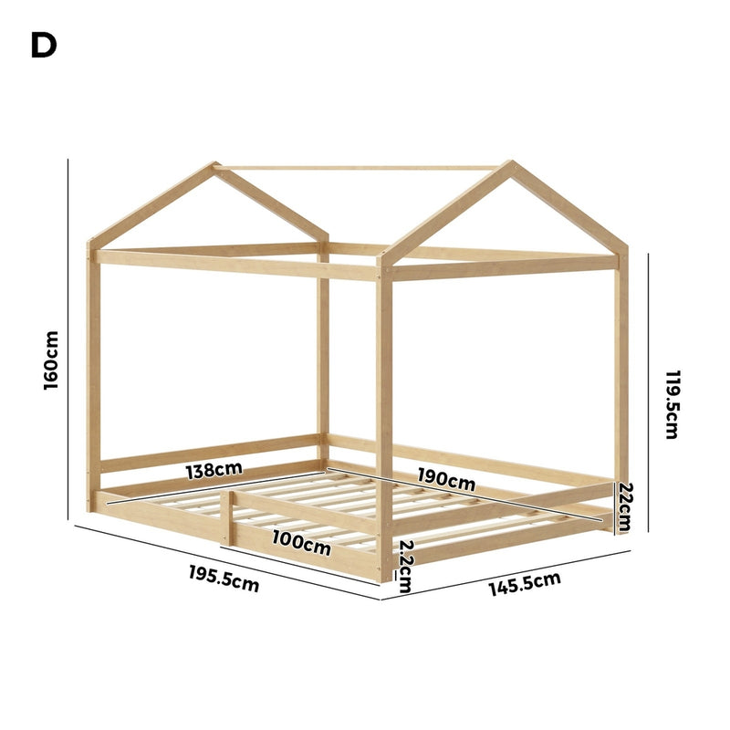 Oikiture Double Kids Wooden Bed Frame House Beds with Fence Natural