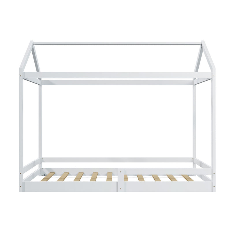 Oikiture Kids Wooden Bed Frame House Base with Fence Double White