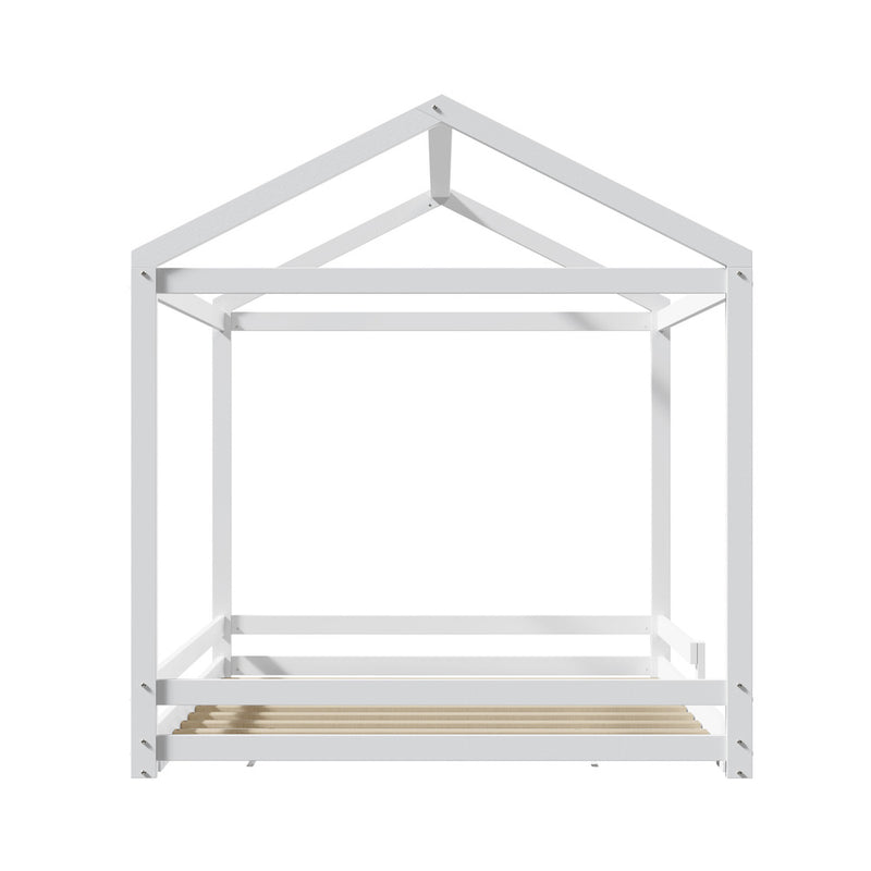 Oikiture Kids Wooden Bed Frame House Base with Fence Double White