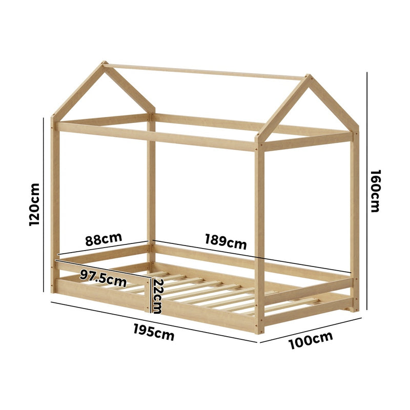 Oikiture Kids Wooden Bed Frame House Frame Timber with Fence Single Natural