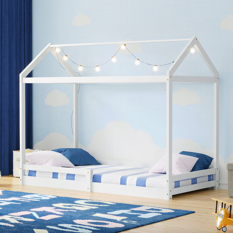 Oikiture Kids Wooden Bed Frame House Frame Timber with Fence Single White