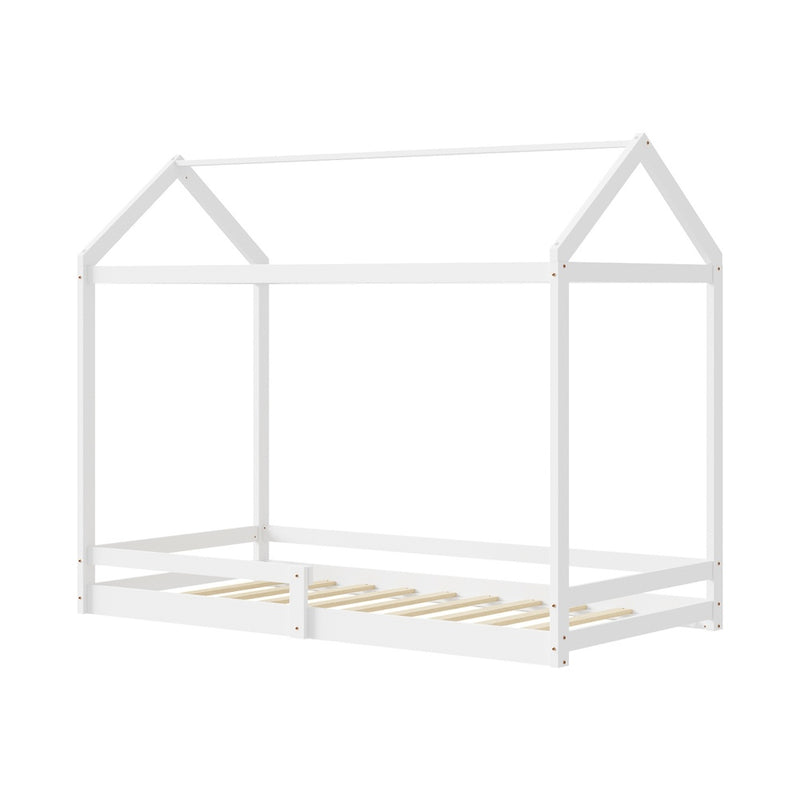 Oikiture Kids Wooden Bed Frame House Frame Timber with Fence Single White
