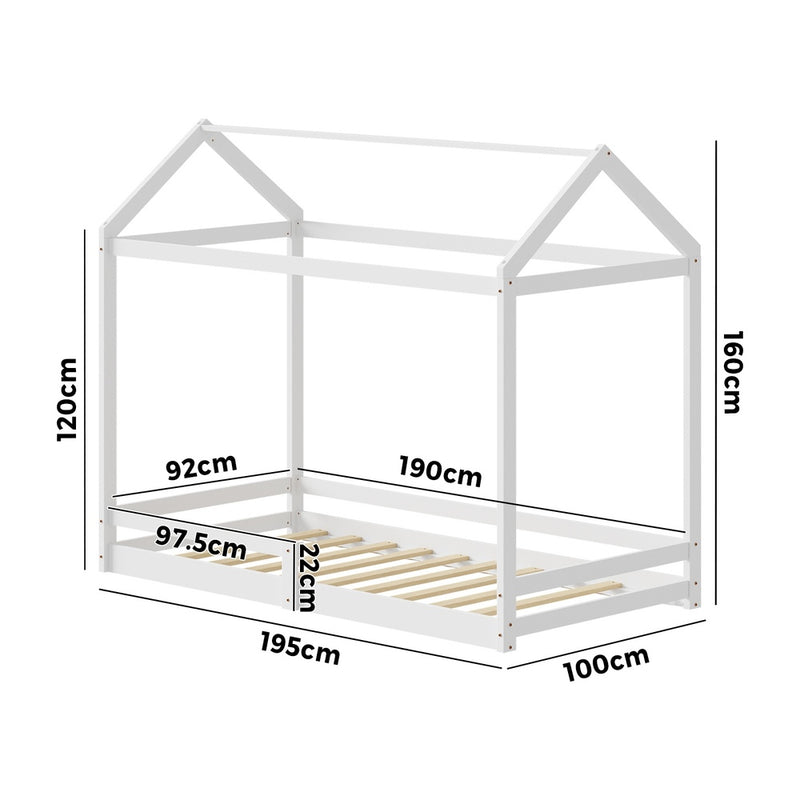 Oikiture Kids Wooden Bed Frame House Frame Timber with Fence Single White