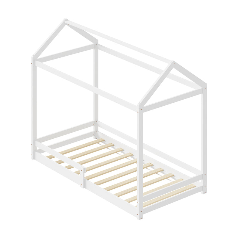 Oikiture Kids Wooden Bed Frame House Frame Timber with Fence Single White
