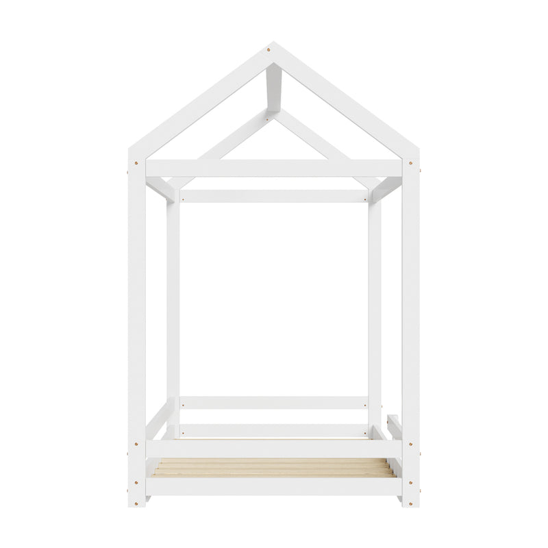 Oikiture Kids Wooden Bed Frame House Frame Timber with Fence Single White