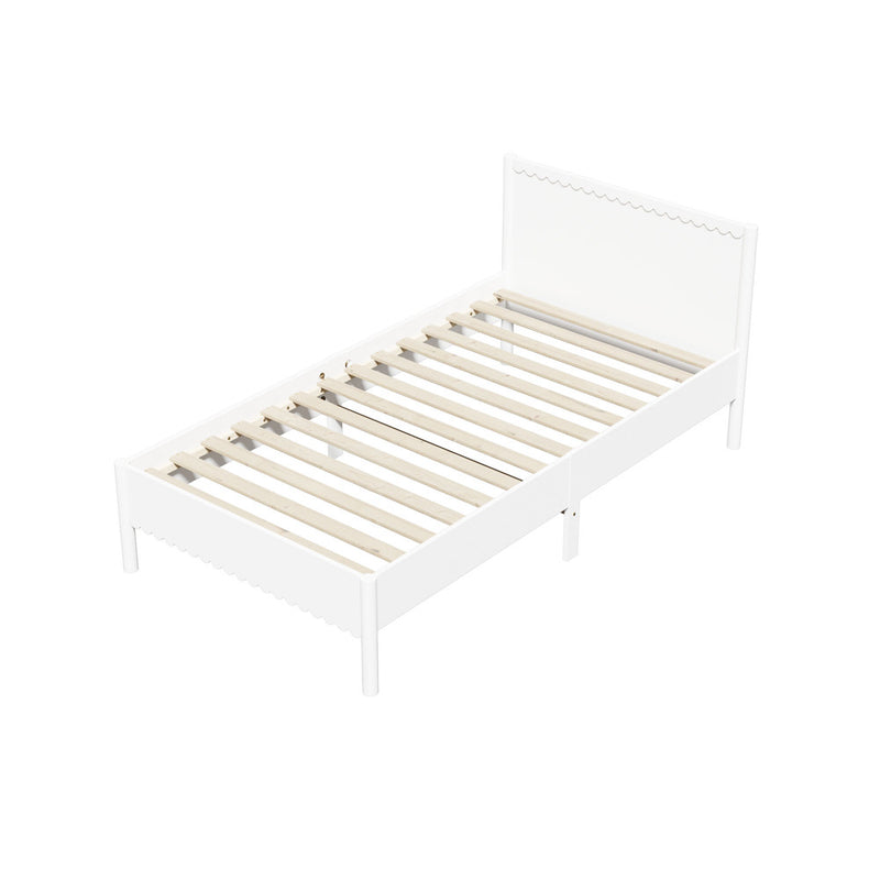 Oikiture Scalloped Bed Wooden Kids Bed Frame Timber King Single White