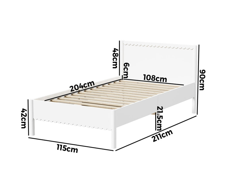 Oikiture Scalloped Bed Wooden Kids Bed Frame Timber King Single White