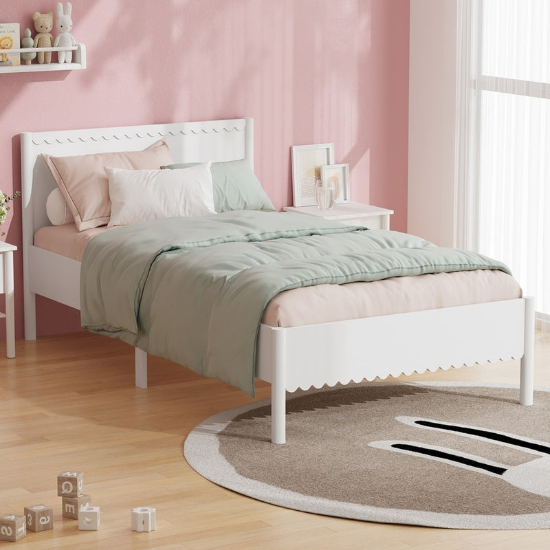 Oikiture Scalloped Bed Wooden Kids Bed Frame Wood Timber Single White