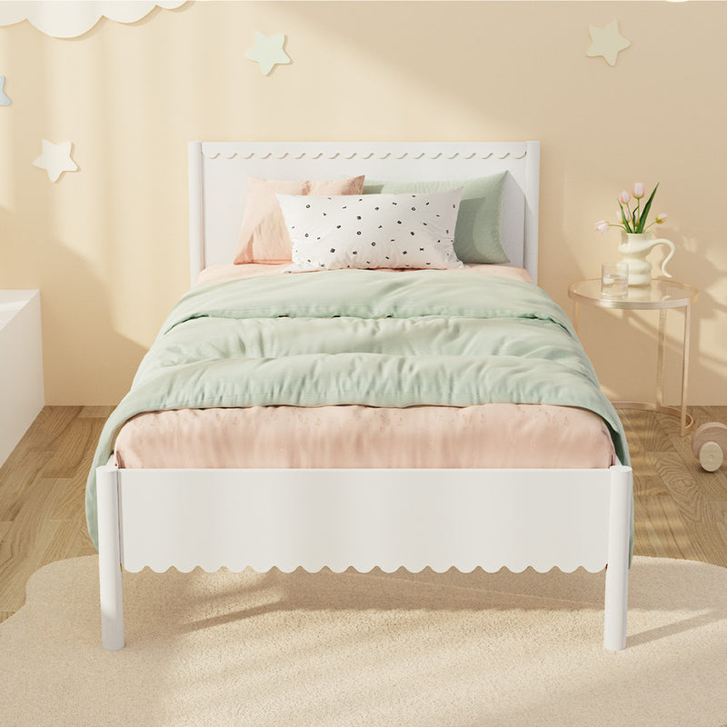 Oikiture Scalloped Bed Wooden Kids Bed Frame Wood Timber Single White