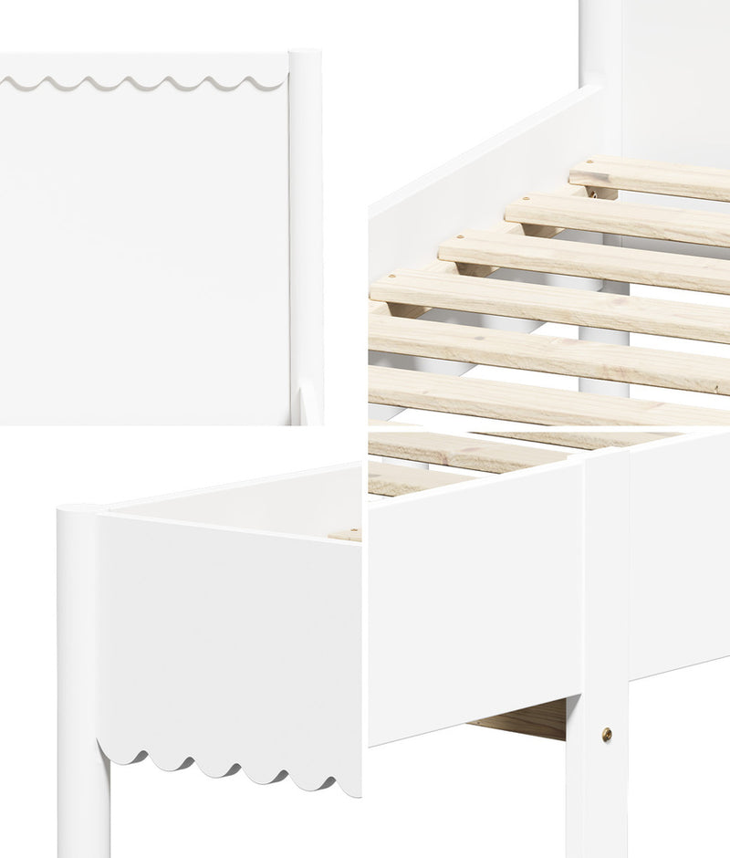 Oikiture Scalloped Bed Wooden Kids Bed Frame Wood Timber Single White