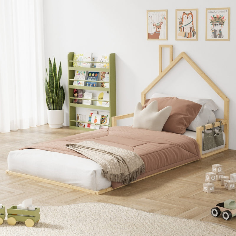 Oikiture Wooden Kids Bed Frame Floor Beds Chimney King Single Natural