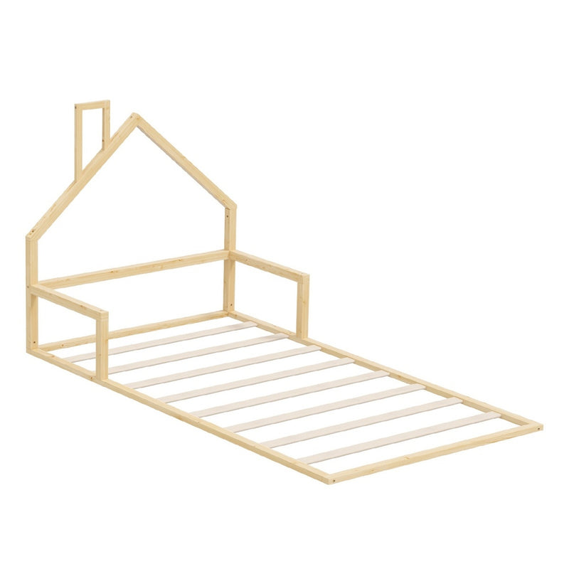 Oikiture Wooden Kids Bed Frame Floor Beds Chimney King Single Natural