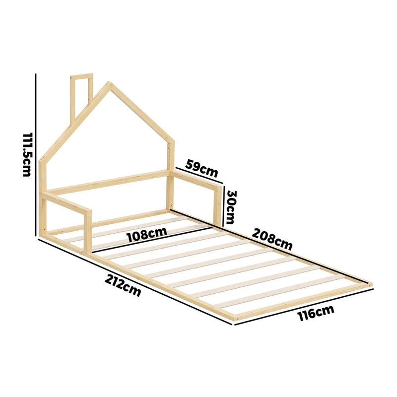 Oikiture Wooden Kids Bed Frame Floor Beds Chimney King Single Natural